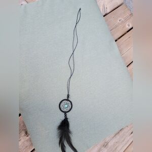 Boho Dreamcatcher Necklace – Black Cord w/ Feather & Turquoise Bead
